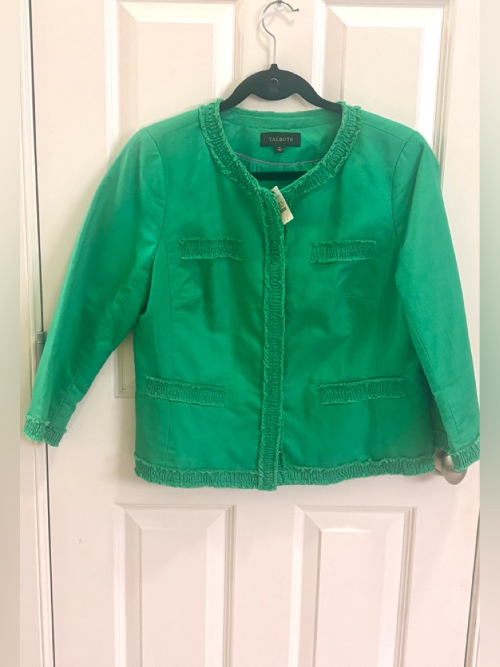 Talbots Kelly Green Frayed-Trim Collarless Jacket Size-8
